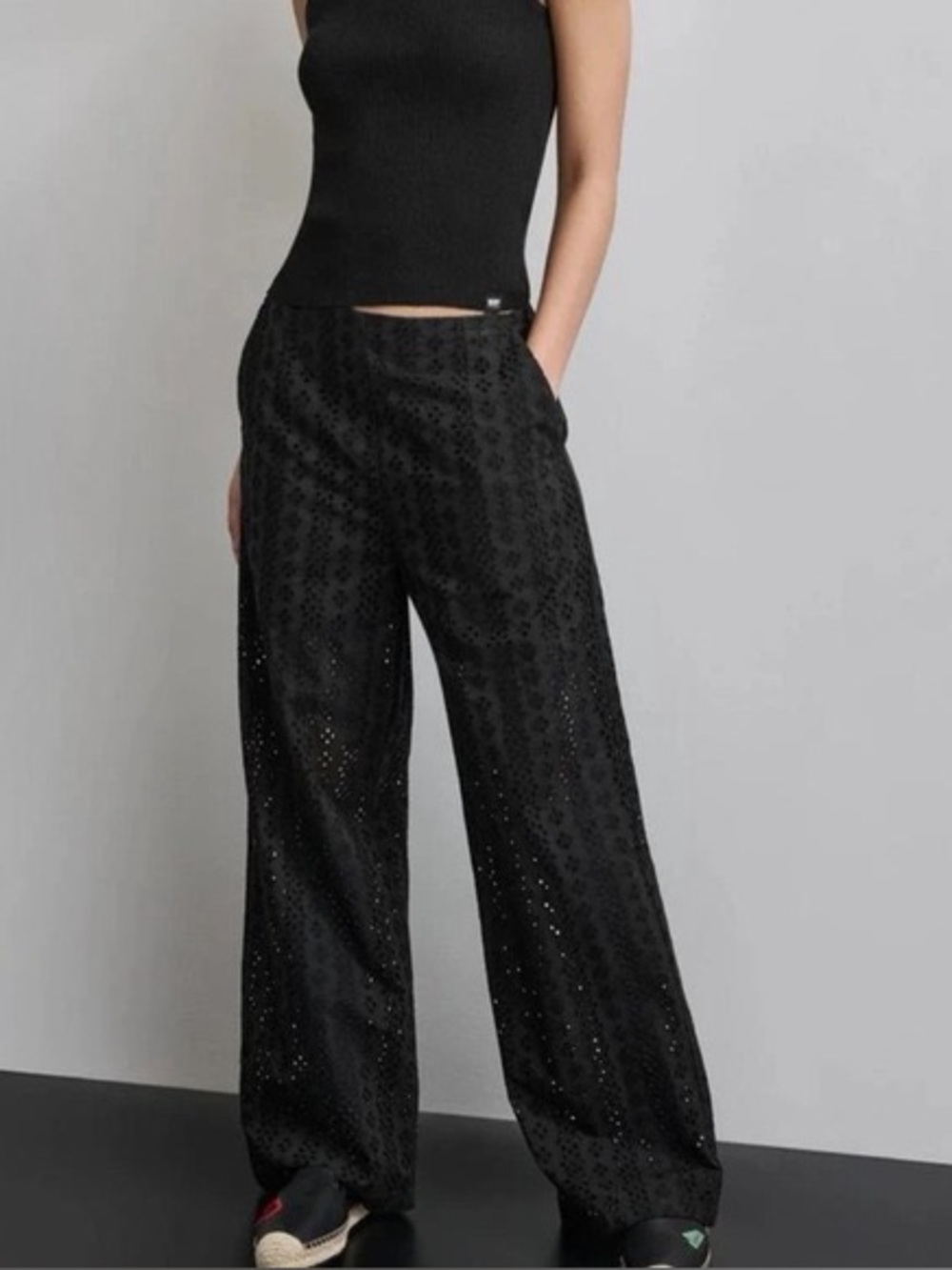 DKNY Black Wide-Leg Eyelet Pants Size 4 100% Cotton